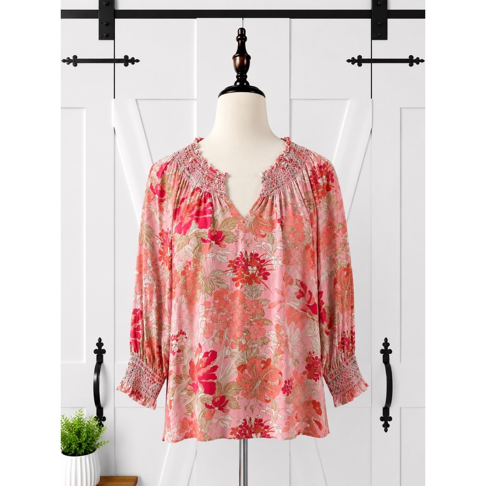 Talbots Floral Blouse Womens‎ S Pink Smocked Split Neck 3/4 Sleeve